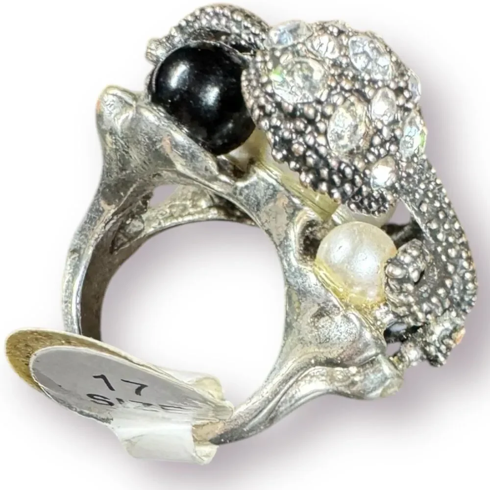 Silver Octopus‎ Multi Color Pearl Ring Vintage Size 17 Retro Rhinestone Gothcore